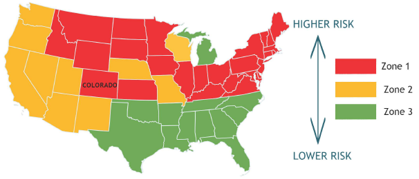 US Map with Colorado in the highest zone.